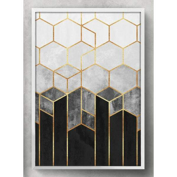 Quadro Decorativo Geomtricos 3D Mrmore Preto Branco e Dourado 02