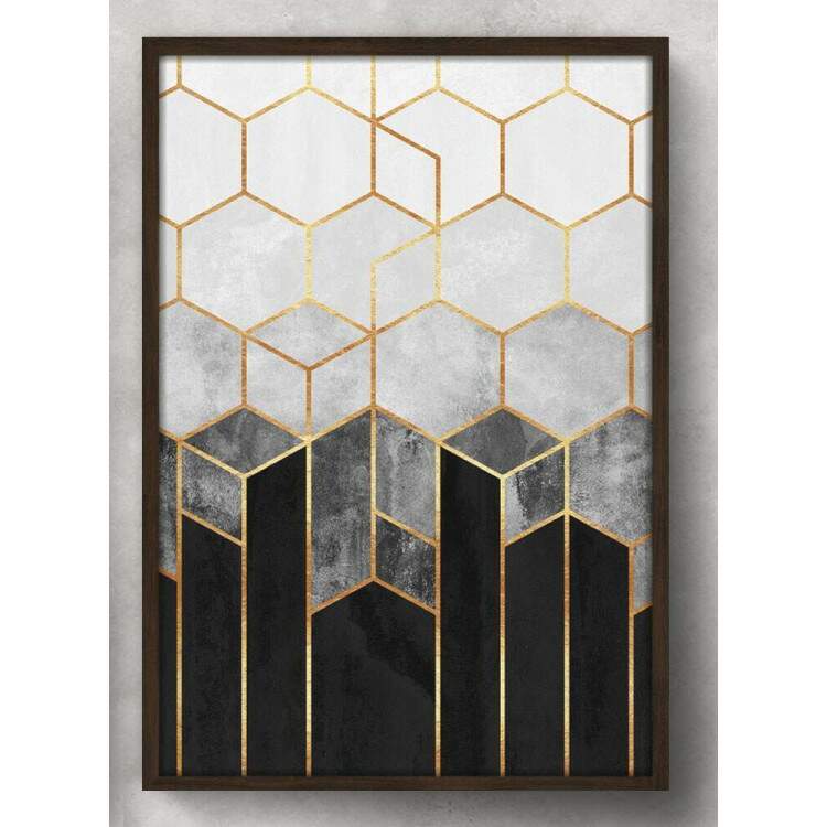 Quadro Decorativo Geomtricos 3D Mrmore Preto Branco e Dourado 02