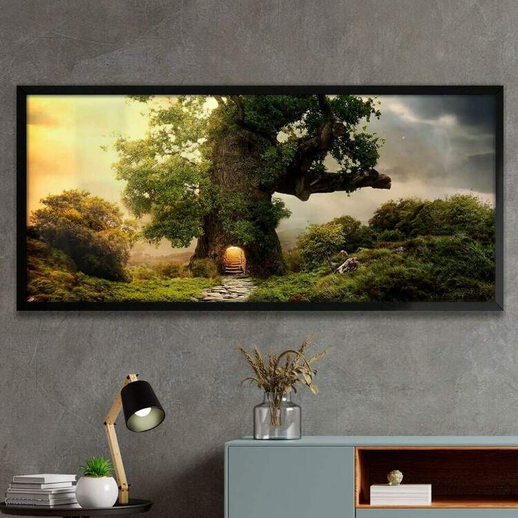 Quadro Decorativo Slim Pintura Floresta Encantada Porta na rvore