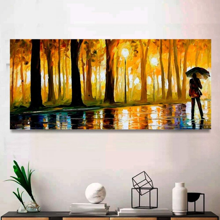 Quadro Decorativo Slim Pintura de Pessoa com Guarda chuva e rvores