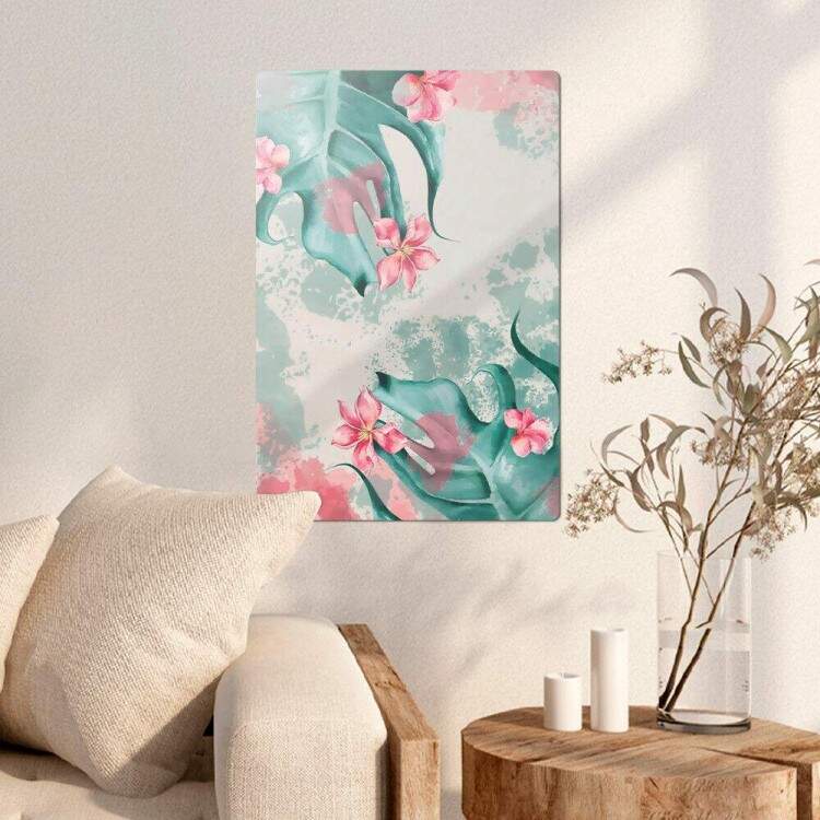 Placa Decorativa Pintura de Folhas e Flores Cor De Rosa