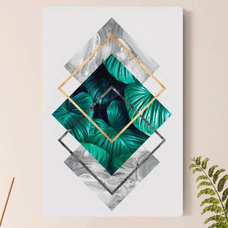 Placa Decorativa Geomtricos Folhas Verdes e Dourado