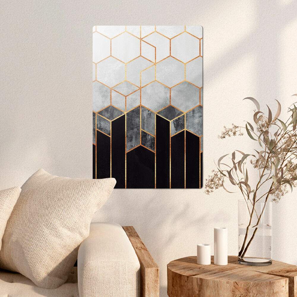 Placa Decorativa Geomtricos 3D Mrmore Preto Branco e Dourado 02