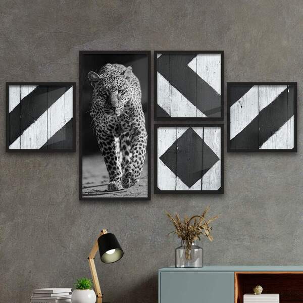 Conjunto de Quadros Decorativos Ona Pintada Preto e Branco Abstrato