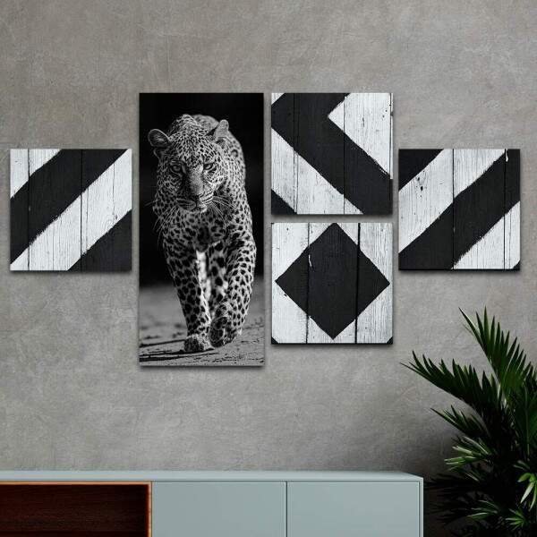 Conjunto de Quadros Decorativos Ona Pintada Preto e Branco Abstrato