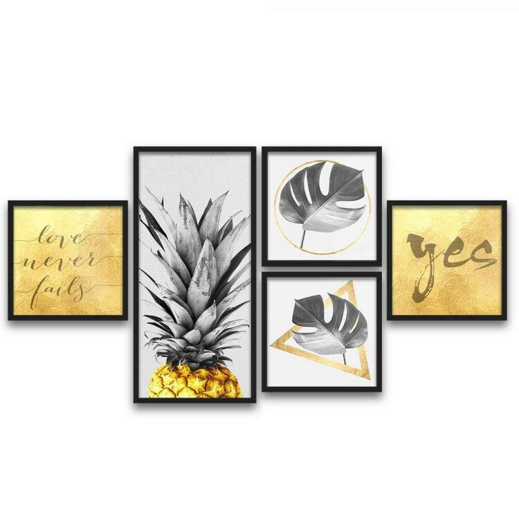 Conjunto de Quadros Decorativos Abacaxi Dourado