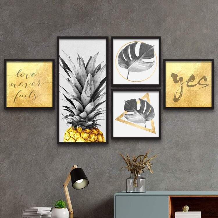 Conjunto de Quadros Decorativos Abacaxi Dourado
