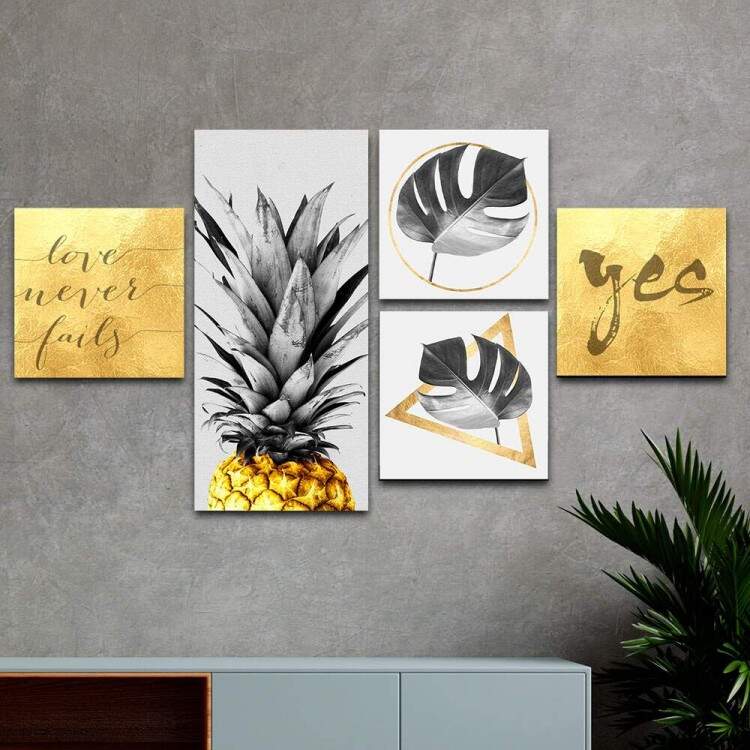 Conjunto de Quadros Decorativos Abacaxi Dourado