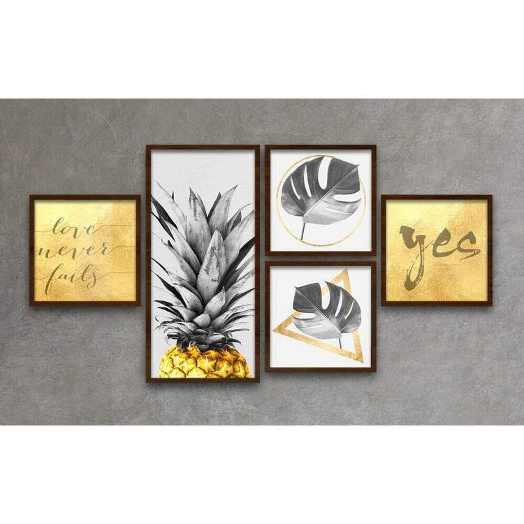 Conjunto de Quadros Decorativos Abacaxi Dourado