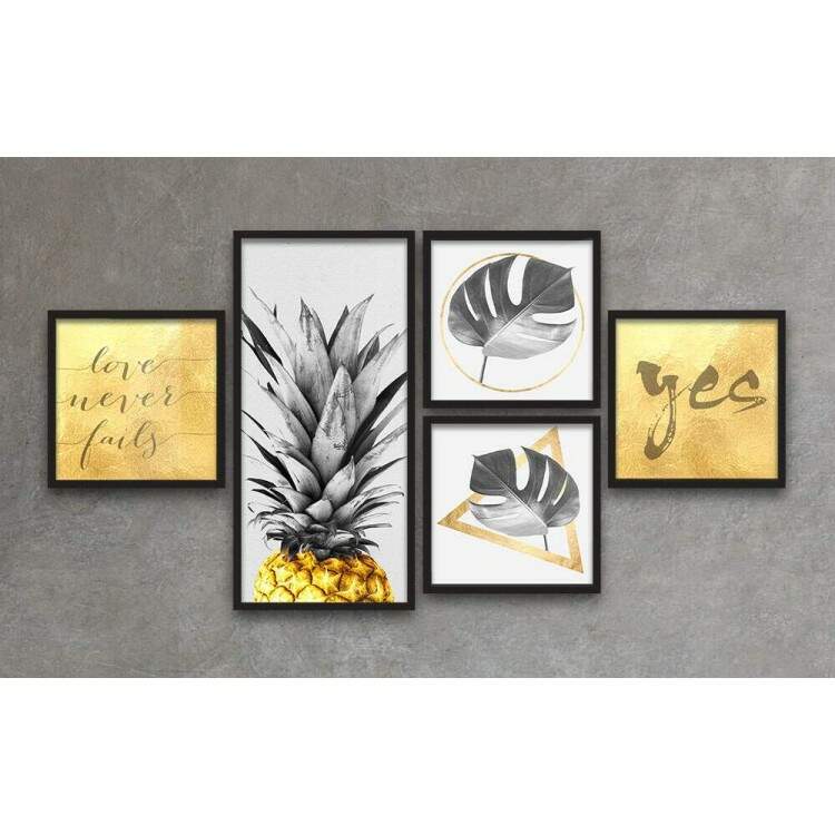 Conjunto de Quadros Decorativos Abacaxi Dourado