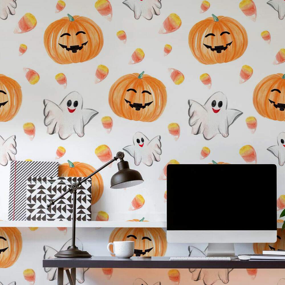 Papel de Parede Halloween Aboboras e Fantasminhas