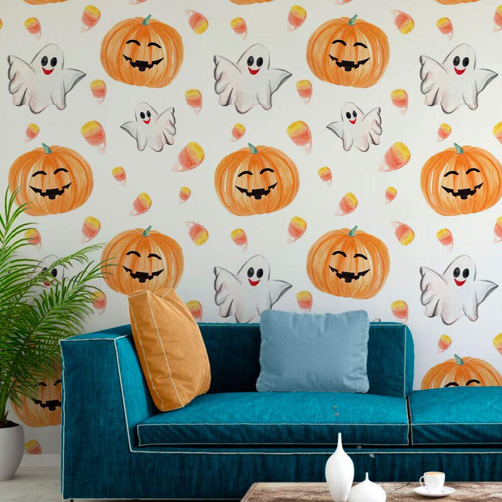 Papel de Parede Halloween Aboboras e Fantasminhas