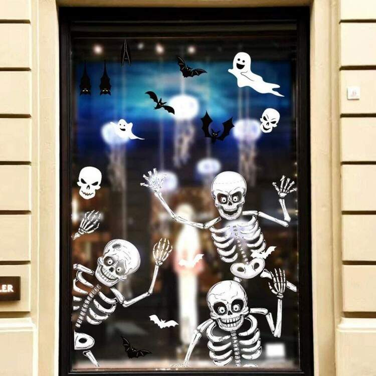 Adesivo para Vitrine Halloween Caveiras e Morcegos