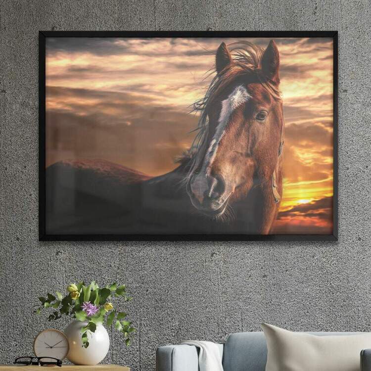 Quadro Decorativo Cavalo Marrom Por Do Sol