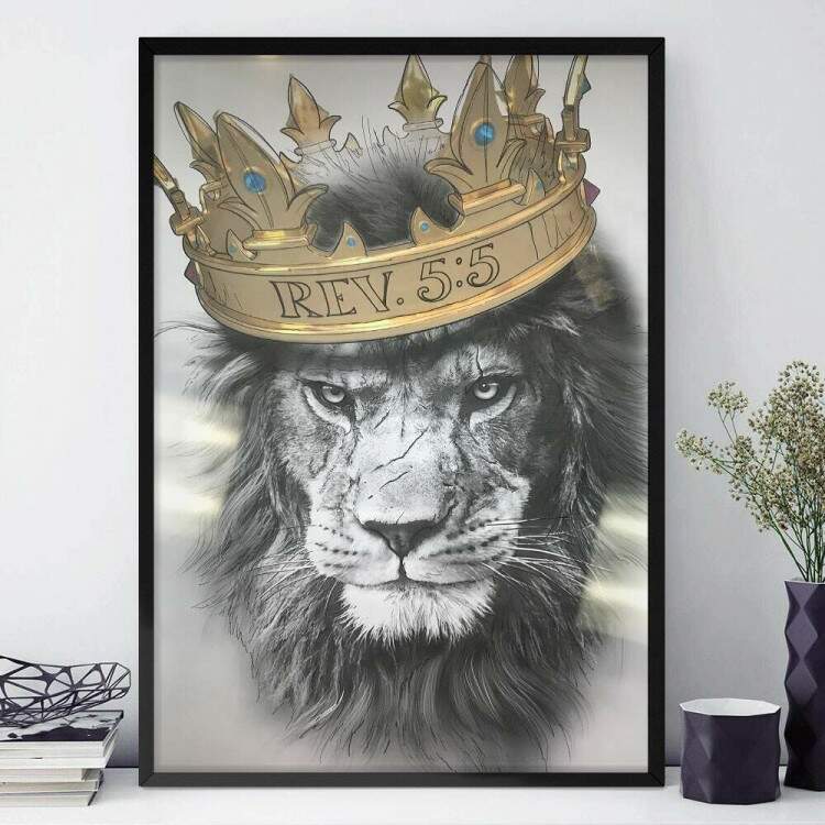 Quadro Decorativo Leo Preto e Branco Com Coroa