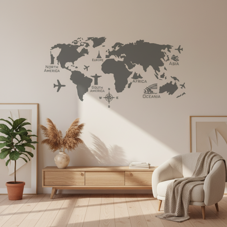 Adesivo de Parede Decorativo Mapa-Mndi com Pontos Tursticos