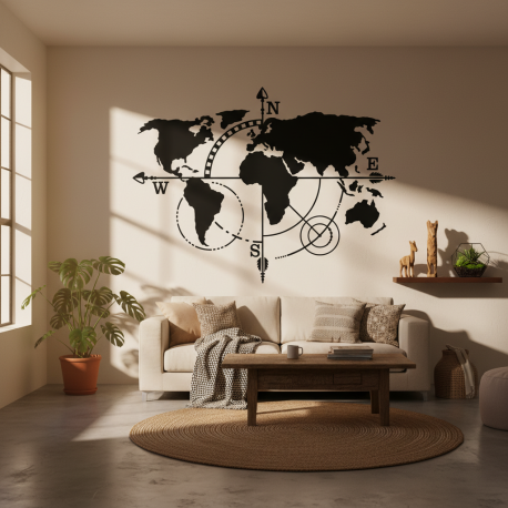 Adesivo de Parede Decorativo Mapa-Mndi com Rosa dos Ventos