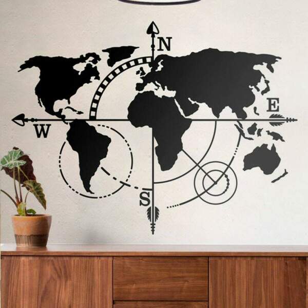 Adesivo de Parede Decorativo Mapa-Mndi com Rosa dos Ventos