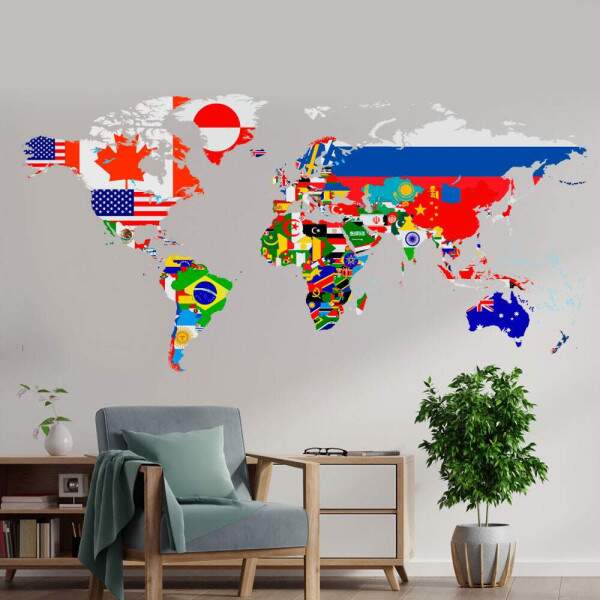 Adesivo de Parede Mapa-Mndi Pases com suas Bandeiras
