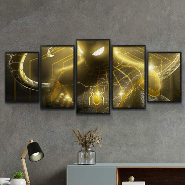 Kit 5 Quadros Decorativos Mosaico Homem Aranha Preto e Dourado