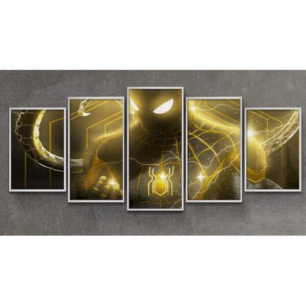 Kit 5 Quadros Decorativos Mosaico Homem Aranha Preto e Dourado