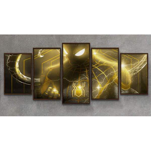 Kit 5 Quadros Decorativos Mosaico Homem Aranha Preto e Dourado