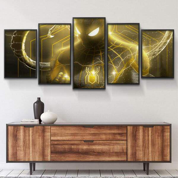 Kit 5 Quadros Decorativos Mosaico Homem Aranha Preto e Dourado