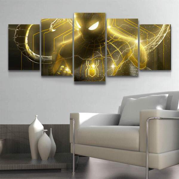 Kit 5 Quadros Decorativos Mosaico Homem Aranha Preto e Dourado