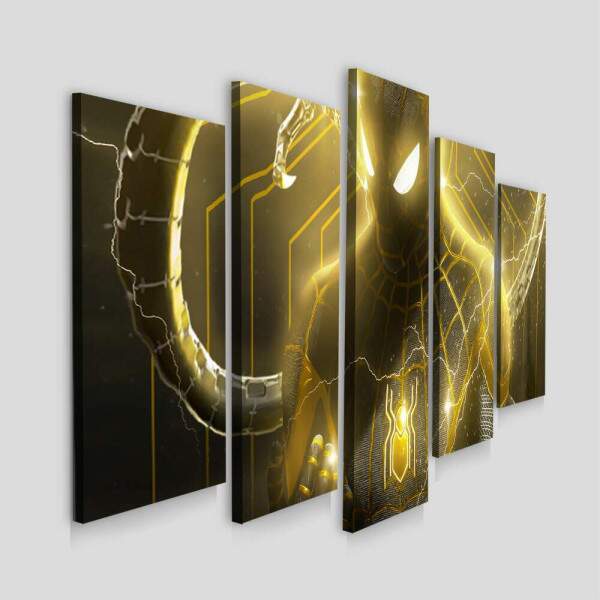 Kit 5 Quadros Decorativos Mosaico Homem Aranha Preto e Dourado