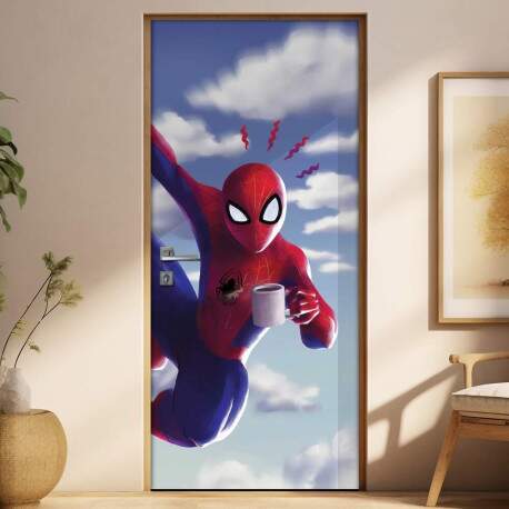 Adesivo para Porta Homem Aranha Tomando Caf