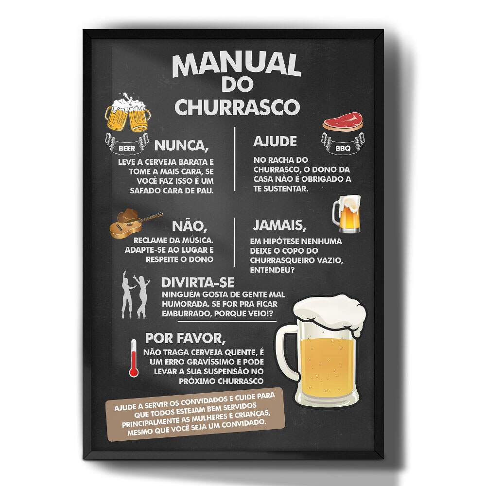 Quadro Decorativo Manual do Churrasco com Fundo Preto