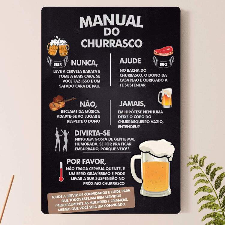 Placa Decorativa Manual do Churrasco com Fundo Preto