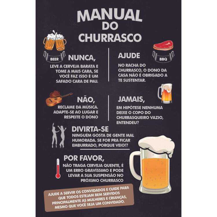 Placa Decorativa Manual do Churrasco com Fundo Preto