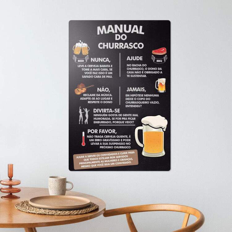 Placa Decorativa Manual do Churrasco com Fundo Preto