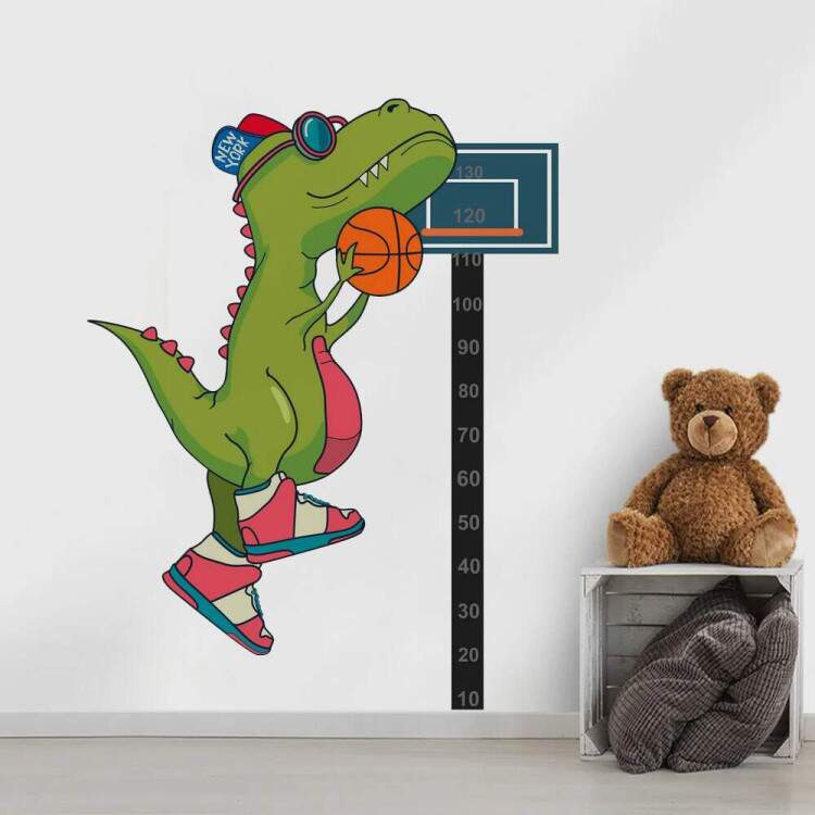 Adesivo de Parede Rgua de Crescimento Infantil Dinossauro Jogando Basquete