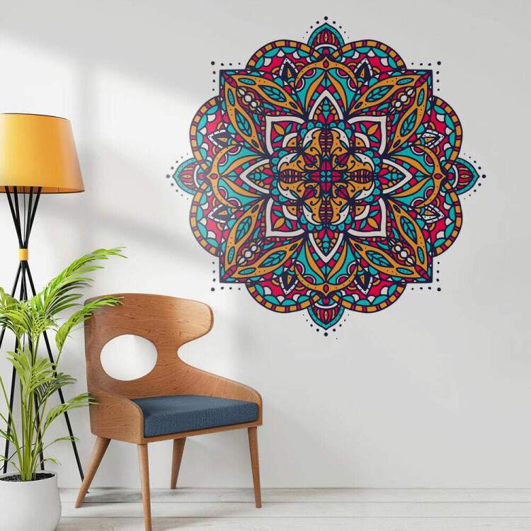 Adesivo de Parede Mandala Vitral Amarelo Vermelho e Azul