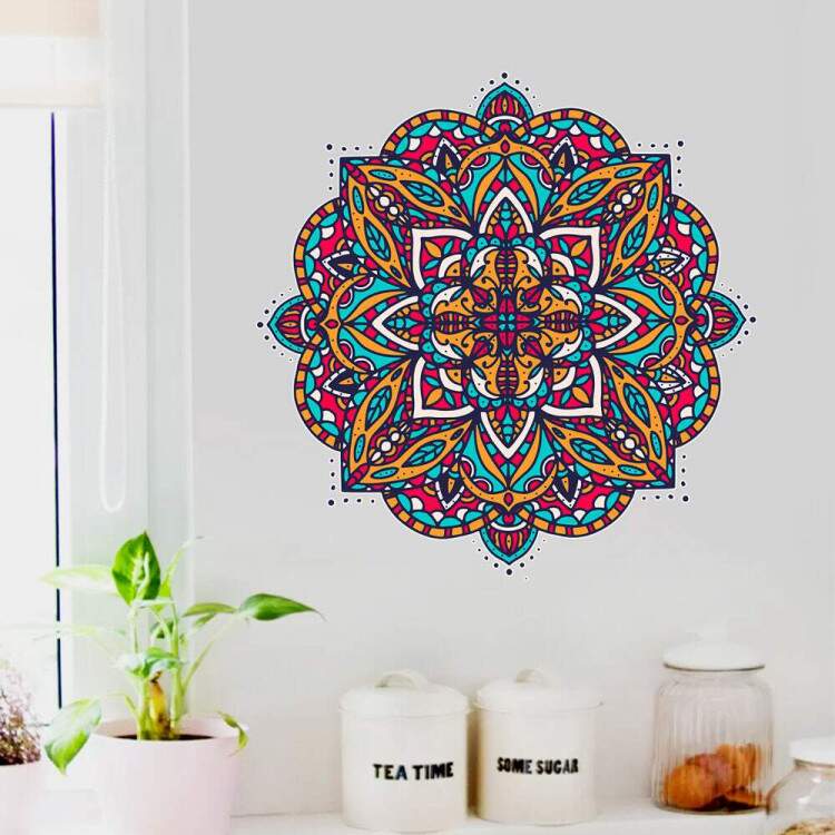 Adesivo de Parede Mandala Vitral Amarelo Vermelho e Azul