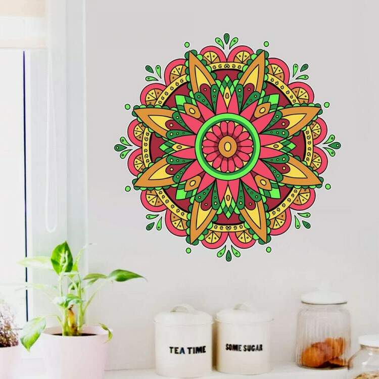 Adesivo de Parede Mandala Bege Rosa e Verde