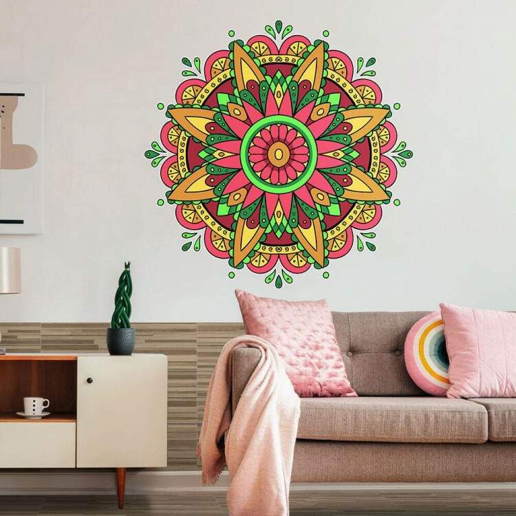 Adesivo de Parede Mandala Bege Rosa e Verde