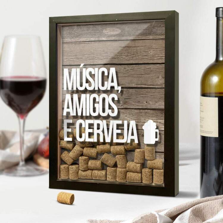 Quadro Decorativo Porta Tampinhas Msica, Amigos e Cerveja