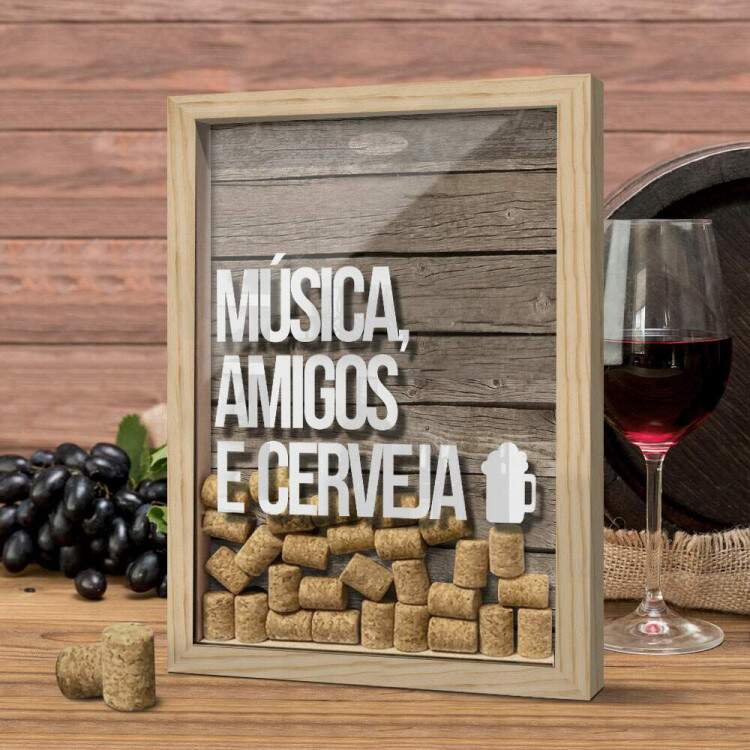 Quadro Decorativo Porta Tampinhas Msica, Amigos e Cerveja