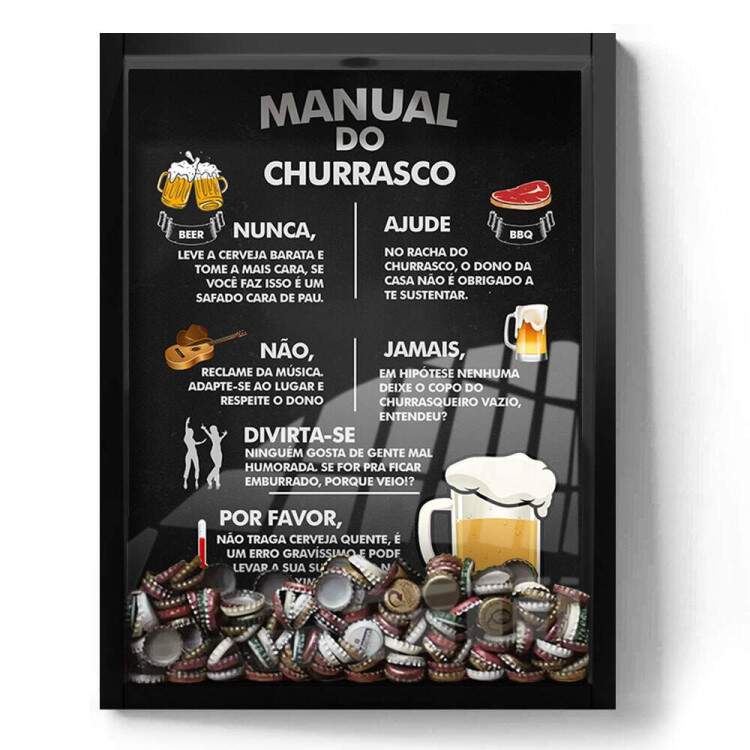 Quadro Decorativo Porta Tampinhas Manual do Churrasco com Fundo Preto