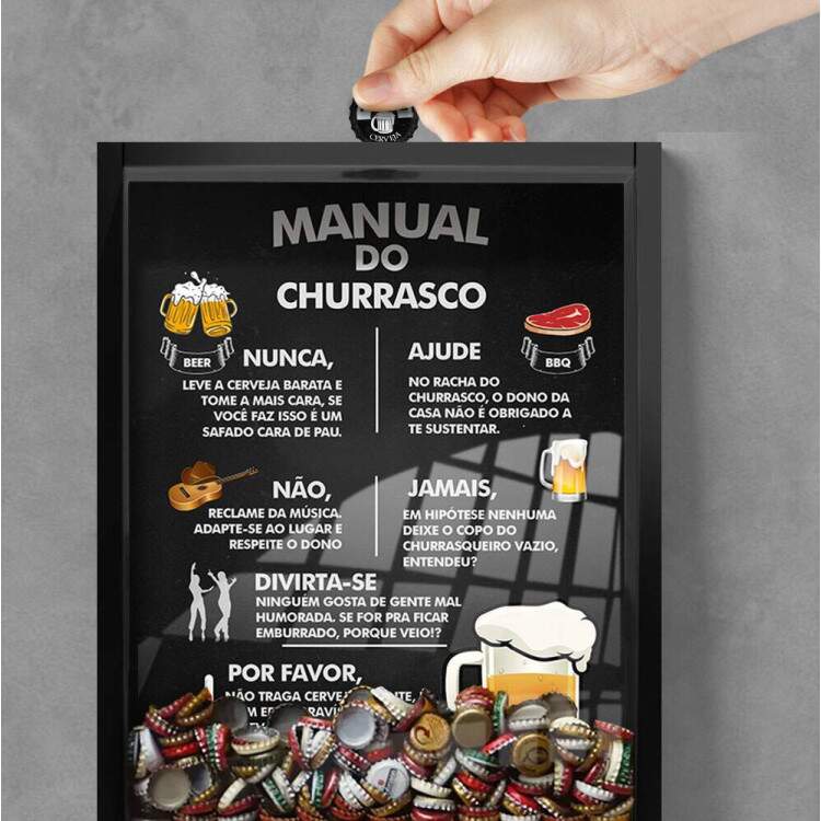 Quadro Decorativo Porta Tampinhas Manual do Churrasco com Fundo Preto