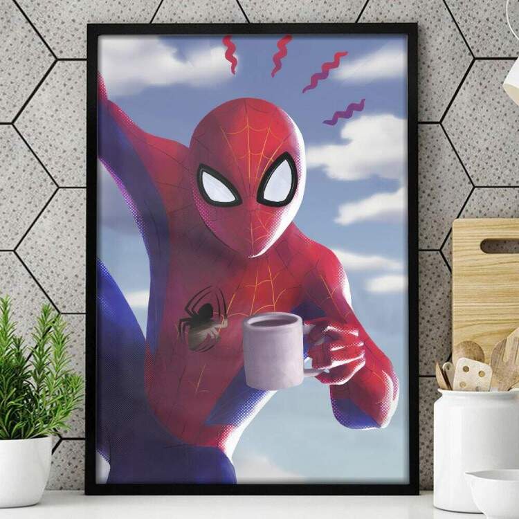 Quadro Decorativo Homem Aranha Com Caneca de Caf