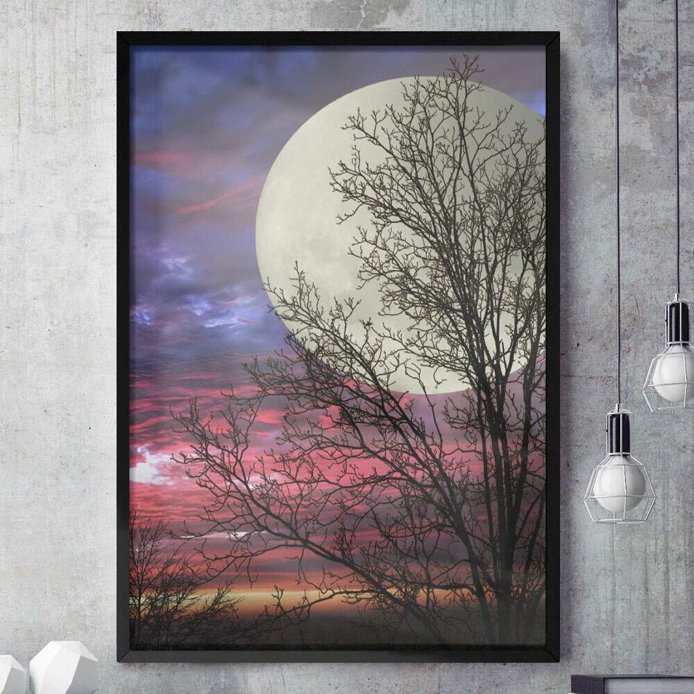 Quadro Decorativo Silhueta da rvore em frente a Lua