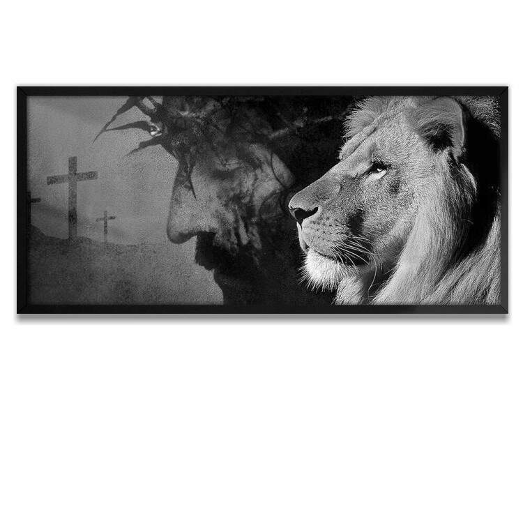 Quadro Decorativo Slim Religioso Leo e Jesus Preto e Branco