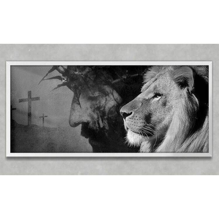 Quadro Decorativo Slim Religioso Leo e Jesus Preto e Branco