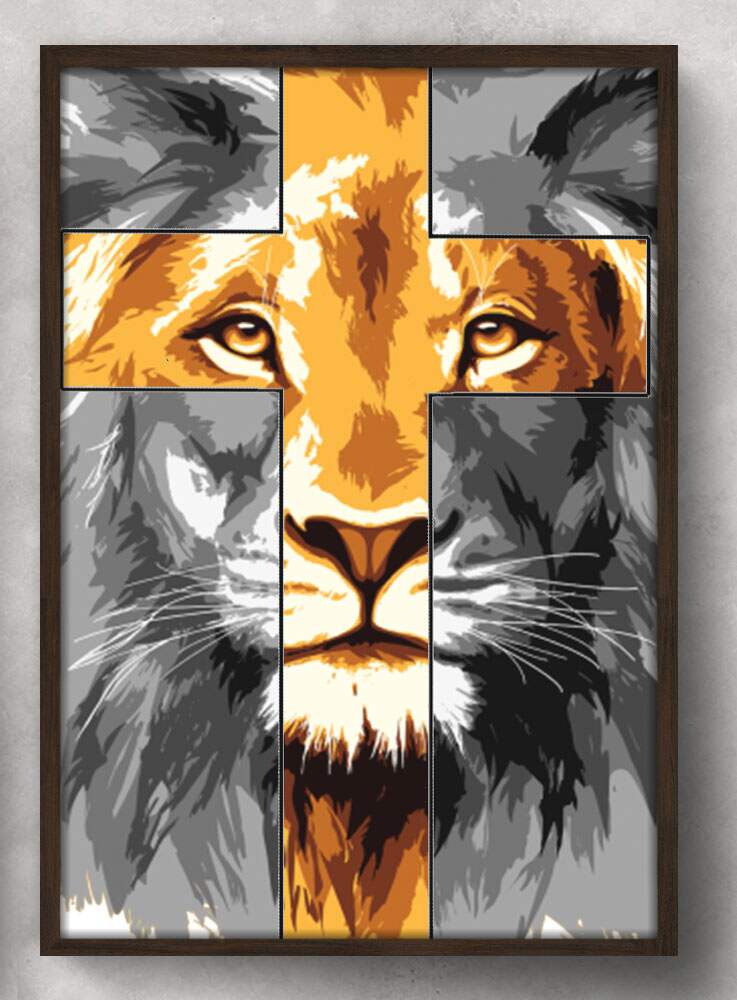 Quadro Decorativo Le�o Preto e Branco com Cruz Laranja