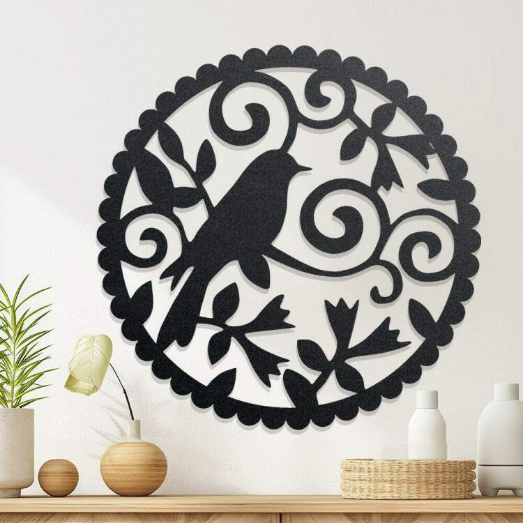 Quadro Decorativo Vazado Redondo Pssaro Arabesco