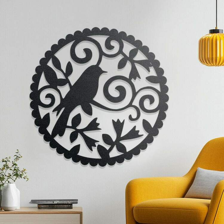 Quadro Decorativo Vazado Redondo Pssaro Arabesco